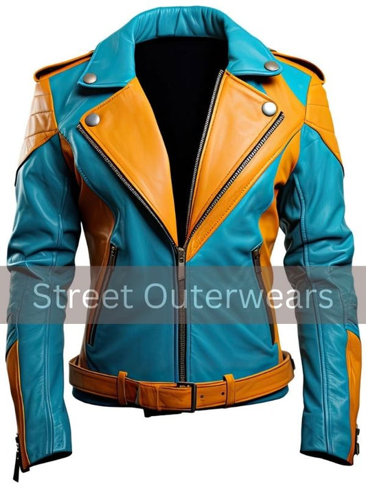 Mens Blue And Mustard Yellow Moto Rider Leather Jacket