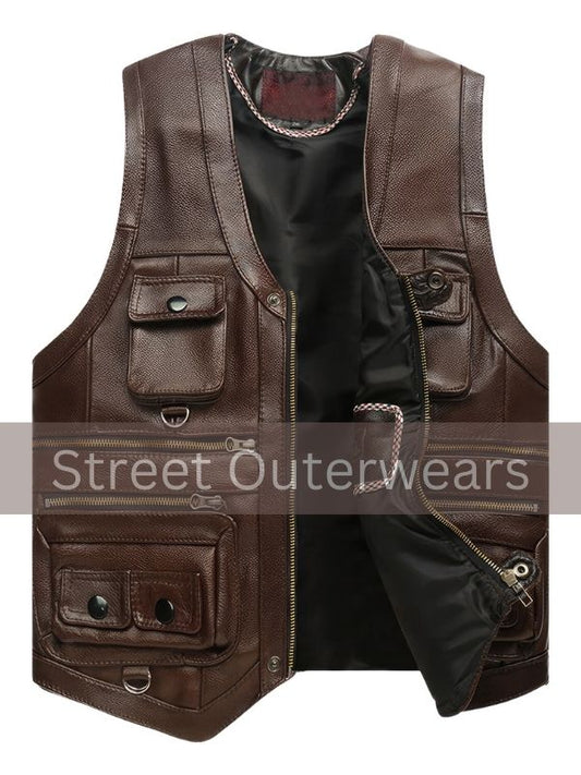 Mens Brown Cafe Racer Motorcycle Sporty Racer Leather Waistcoat