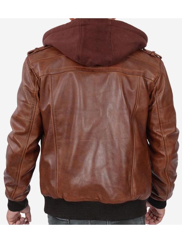 Mens Brown Leather Bomber Jacket With Removable Hood - Sale