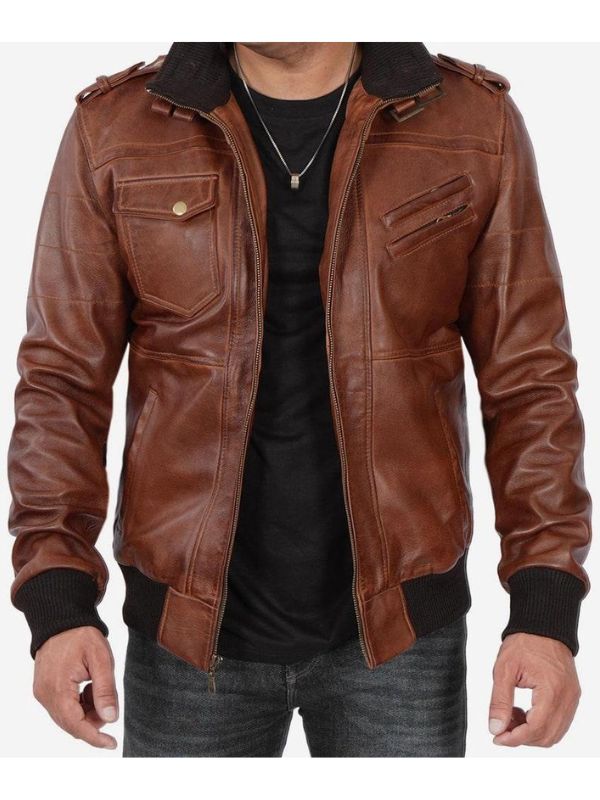 Mens Brown Leather Bomber Jacket With Removable Hood - Sale