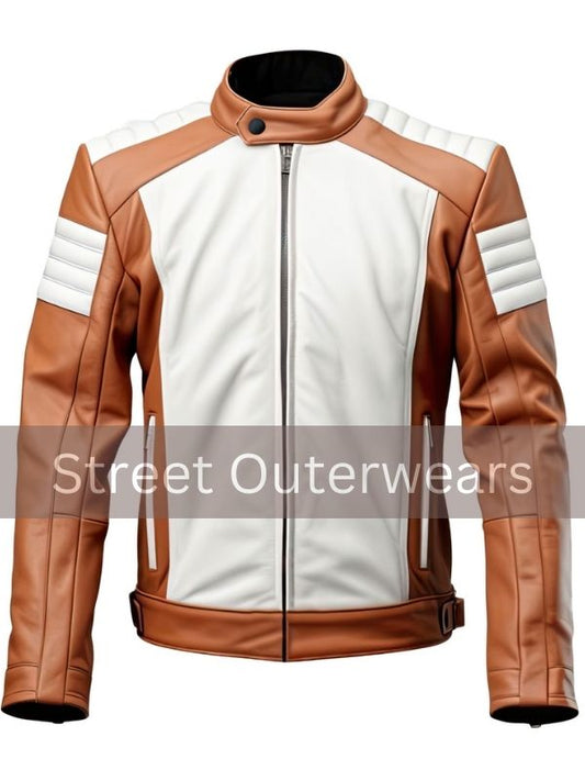 Mens Brown White Quilted Racer Moto Leather Jacket