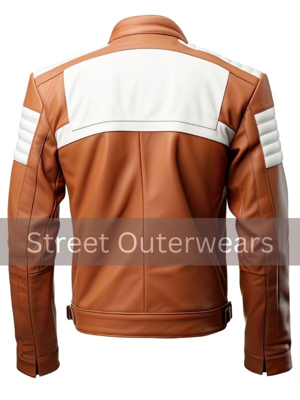 Mens Brown White Quilted Racer Moto Leather Jacket