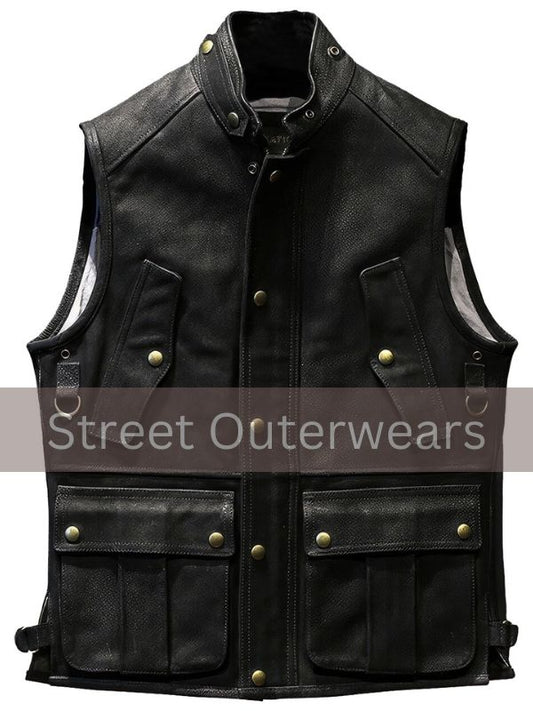 Mens Classic Black Biker Motorcycle Leather Vest