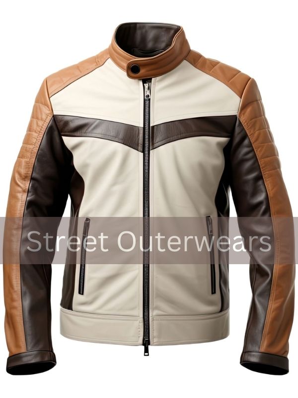 Mens Coffee Brown Beige Biker Leather Jacket