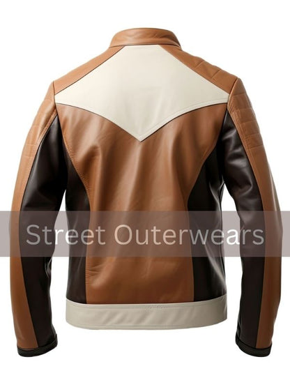 Mens Coffee Brown Beige Biker Leather Jacket