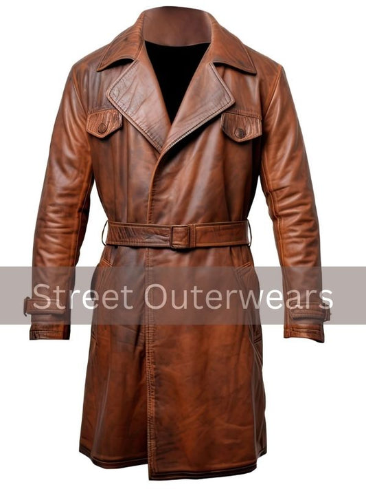 Mens Distressed Brown Leather Long Overcoat