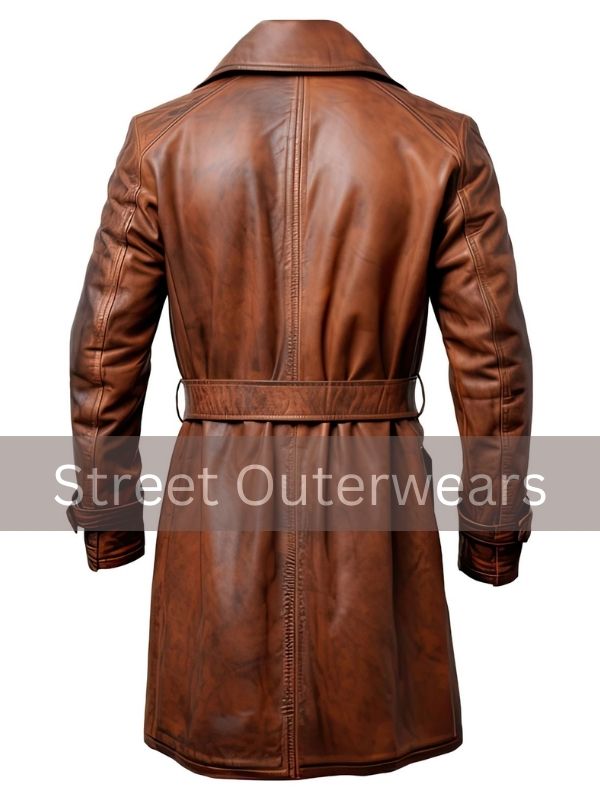 Mens Distressed Brown Leather Long Overcoat