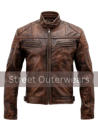 Mens Distressed Brown Sheepskin Cafe Racer Motorcycle Jacket