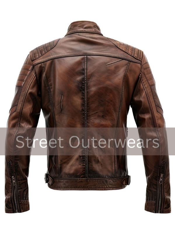 Mens Distressed Brown Sheepskin Cafe Racer Motorcycle Jacket