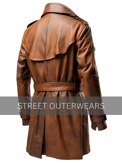 Mens Distressed Double-Breasted Brown Leather Coat