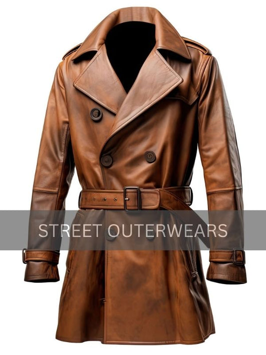 Mens Distressed Double-Breasted Brown Leather Coat