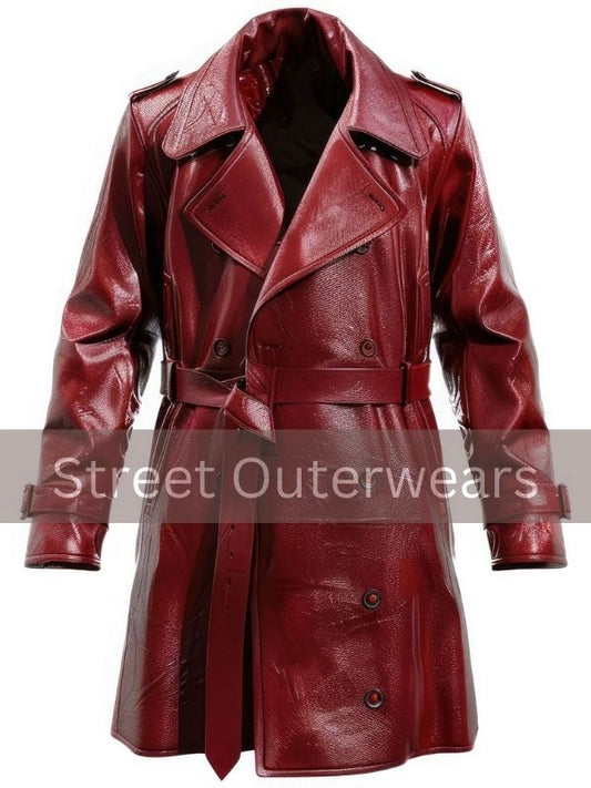 Mens Maroon Classy Soft Double-Breasted Trench Leather Coat