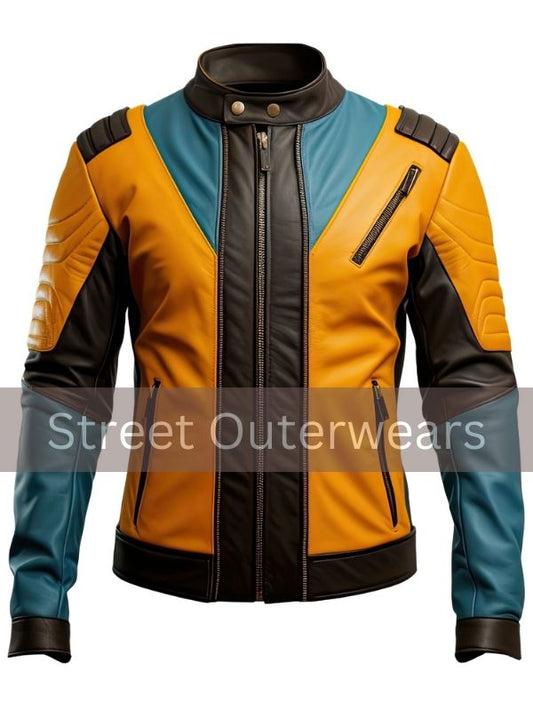 Mens Mustard And Blue Punk Rider Motorcycle Leather Jacket