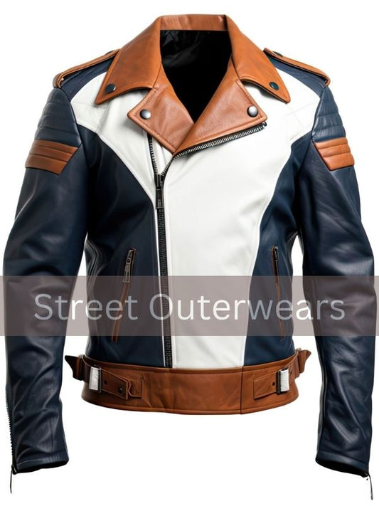 Mens Navy Blue and Brown Stylish Moto Leather Jacket