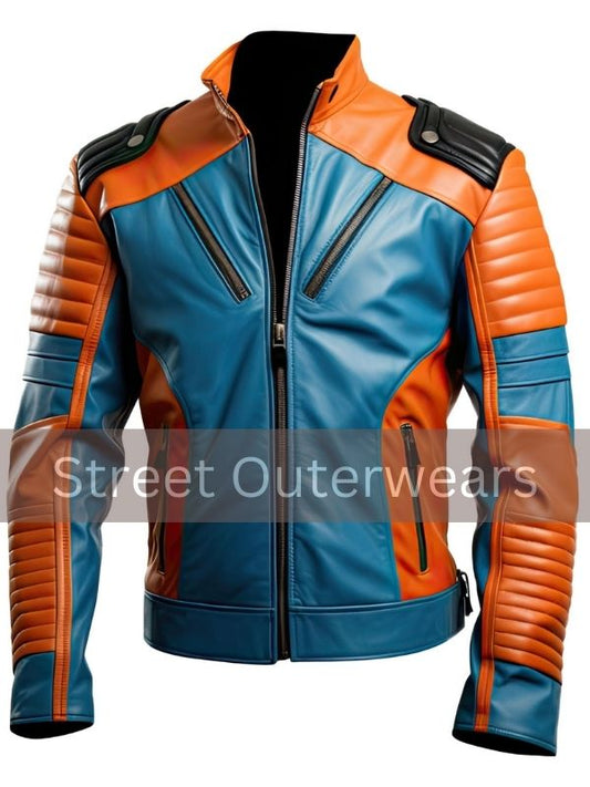 Mens Orange And Blue Quilted Fashionable Sporty Leather Jacket