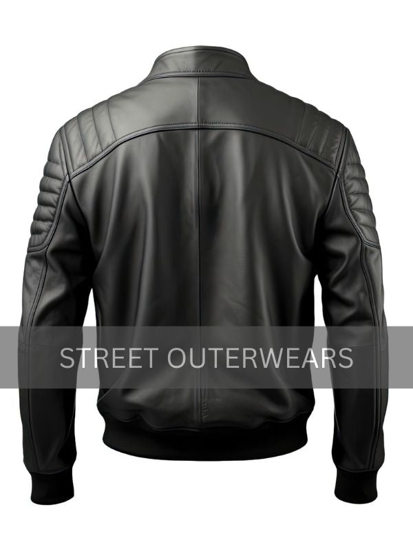 Mens Quilted Shoulders Black Bomber Leather Jacket