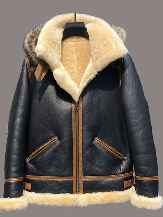 Mens RAF B3 Aviator Black Hooded Shearling Leather Jacket