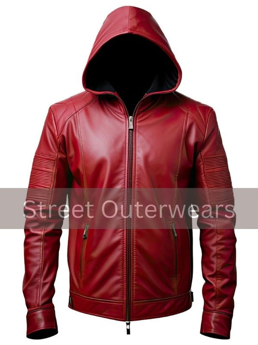 Mens Red Genuine Sheepskin Hooded Leather Jacket
