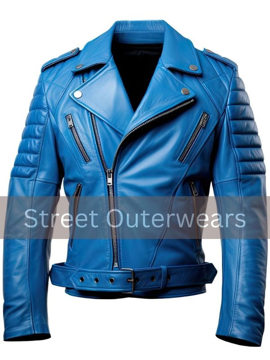 Mens Royal Blue Asymmetric Crossover Slim Fit Leather Jacket