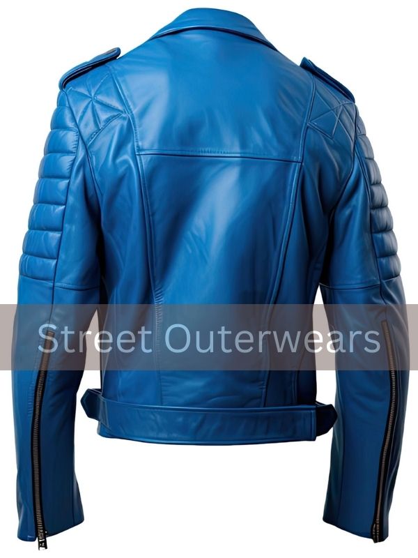 Mens Royal Blue Asymmetric Crossover Slim Fit Leather Jacket