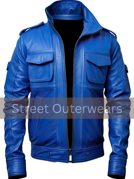 Mens Royal Blue Trucker Leather Jacket