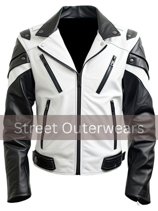 Mens White and Black Biker Racer Leather Jacket