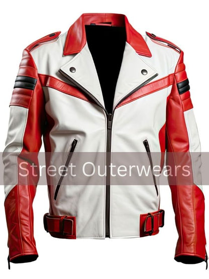 Mens White and Red Multicolor Cafe Racer Biker Leather Jacket