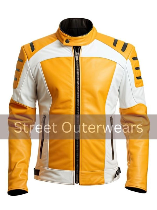Mens White and Yellow Smooth Classy Leather Jacket