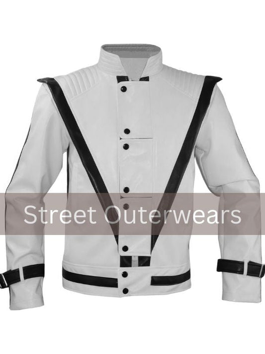 Mens White Quilted Shoulders Black Strips Cosplay Leather Jacket