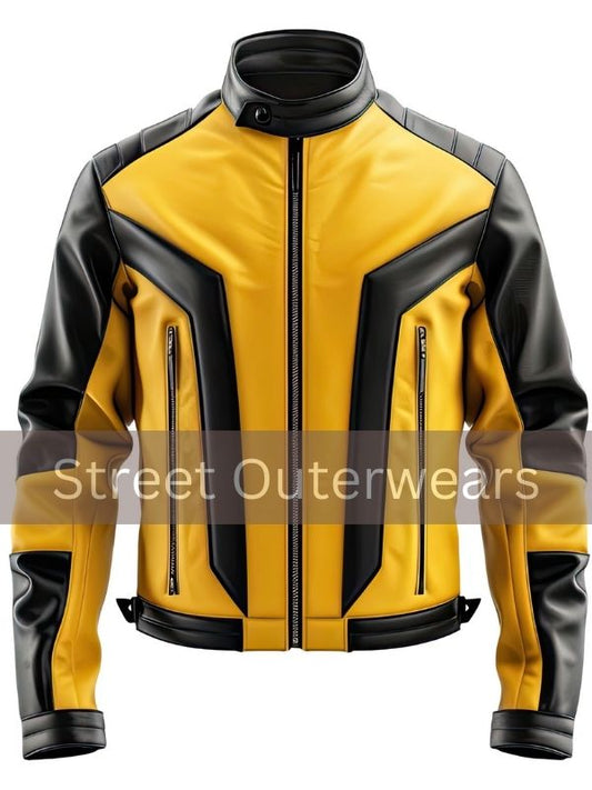 Mens Yellow and Black Sporty Comfortable Moto Leather Jacket