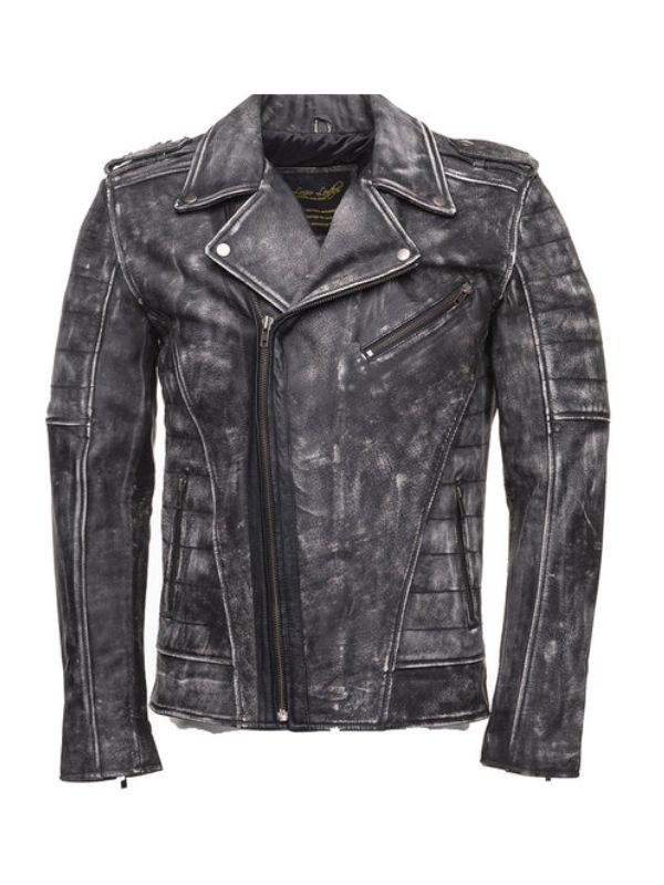 Miles Stone Wash Biker Black Leather Jacket - Sale Now