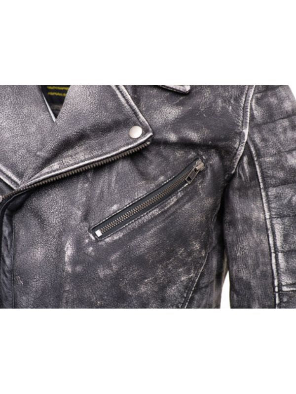 Miles Stone Wash Biker Black Leather Jacket - Sale Now