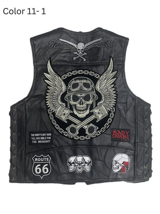 Motorcycle Vintage Skull Patches Black Leather Vest