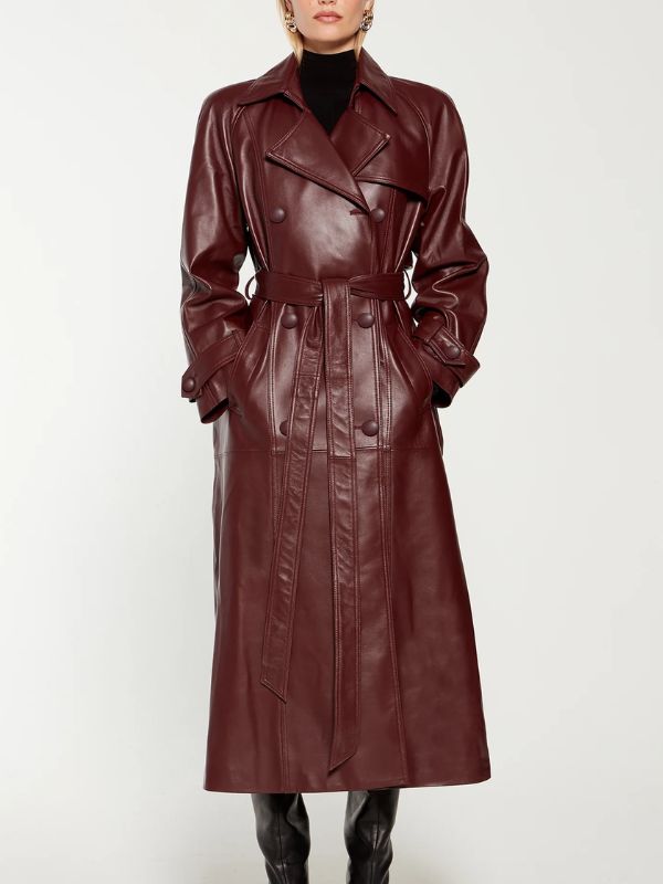 New York City Selena Gomez Maroon Leather Coat