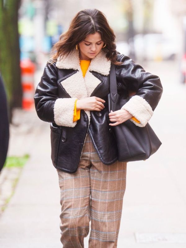 New York Selena Gomez Shearling Black Leather Jacket