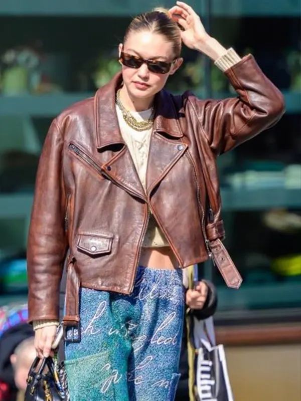 Gigi Hadid Maroon Biker Leather Jacket