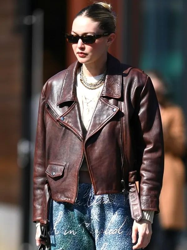 Gigi Hadid Maroon Biker Leather Jacket