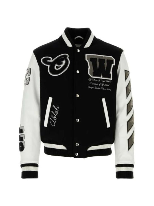 Off White Two-Tone Wool and Leather Bomber Jacket