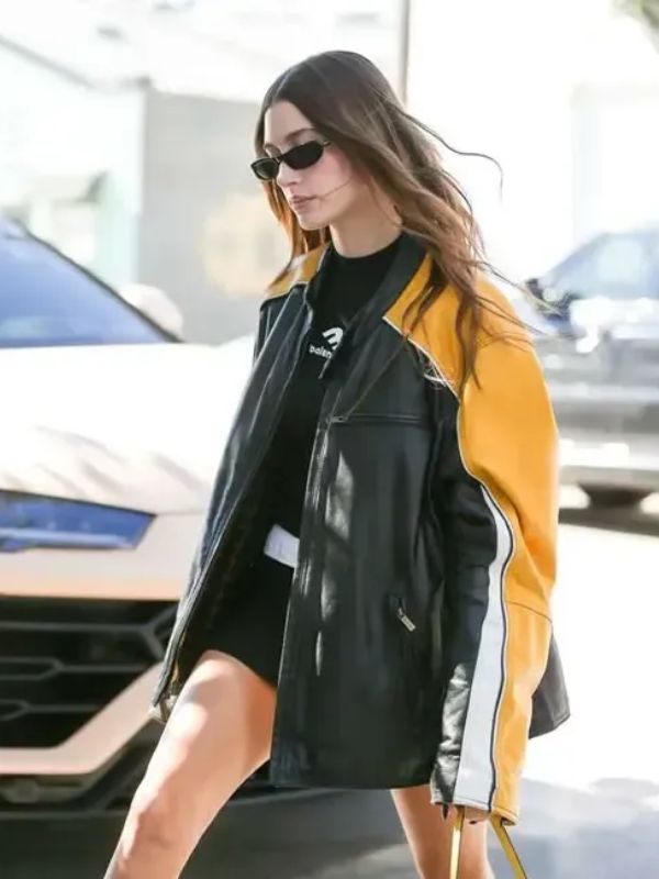 Oversized 90s Hailey Bieber Biker Black Leather Jacket