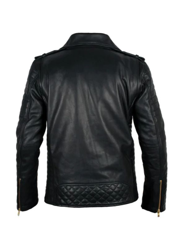 Quilted Biker Black Leather Jacket - Free Shipping