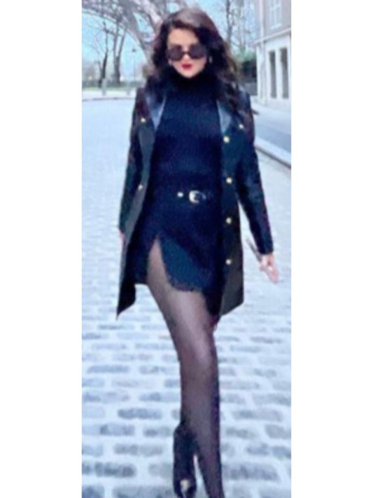 Selena Gomez Black Long Leather Jacket