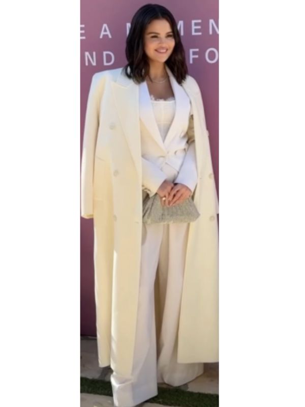 Selena Gomez Oversized Double-Breasted White Coat