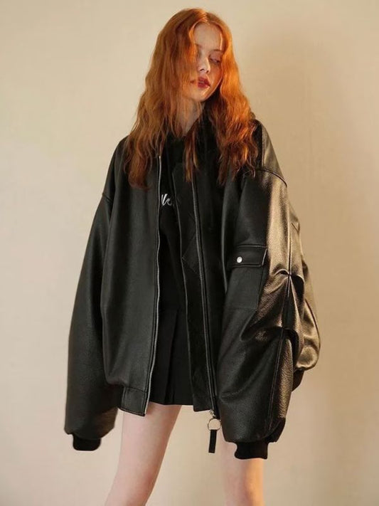 Women 90’s Oversized Bomber Black Leather Jacket