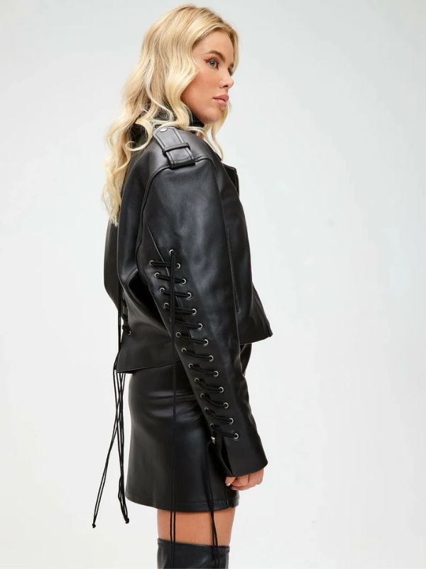 Women 90s Oversized Short Black Biker Jacket