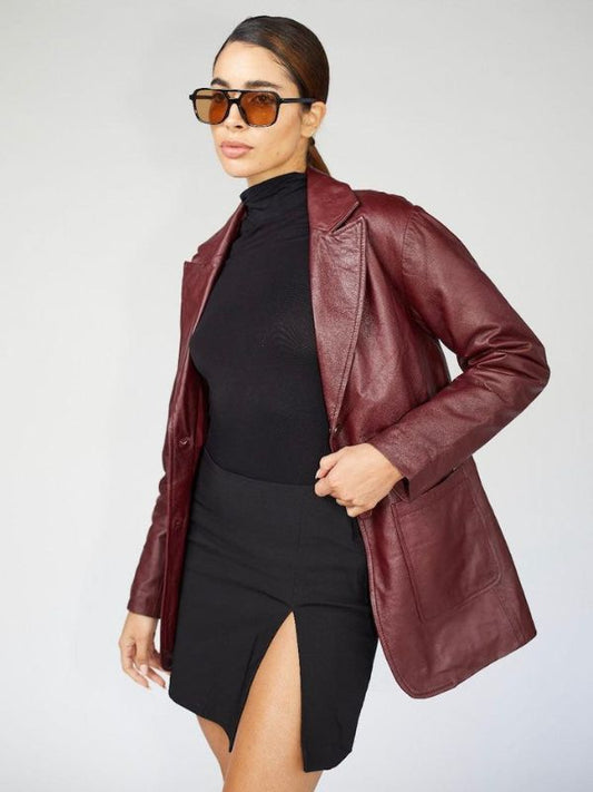 Women 90s Style Red Oversized Genuine Leather Blazer - Sale