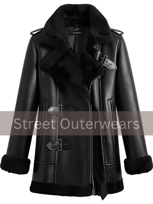 Women Black Aviator Style Genuine Sheepskin Leather Shearling Coat