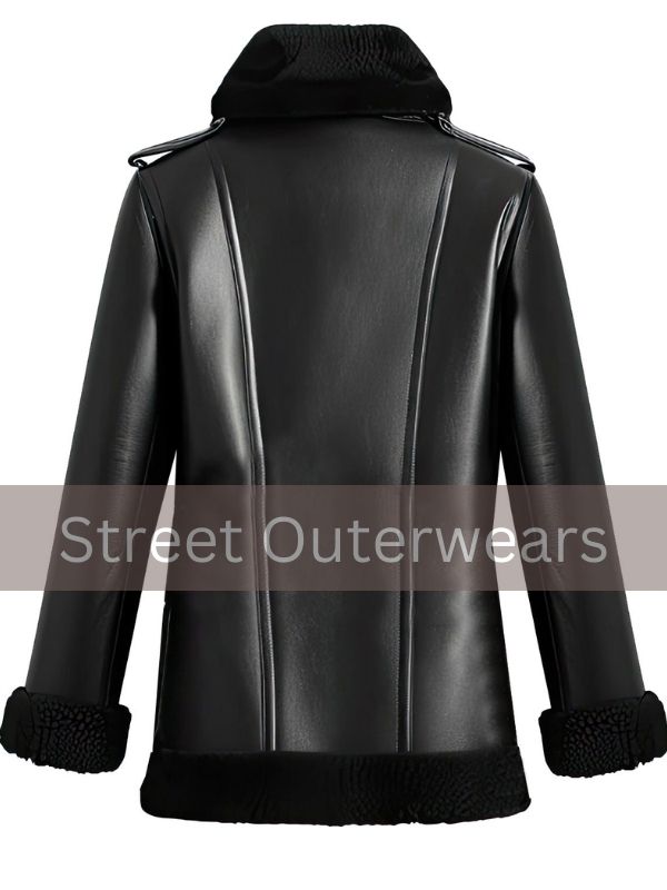 Women Black Aviator Style Genuine Sheepskin Leather Shearling Coat