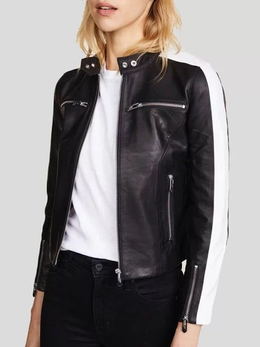 Women Black Slim Fit Striped Leather Biker Jacket - Sale Now