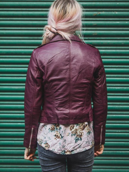 Women Classic Burgundy Lambskin Biker Jacket