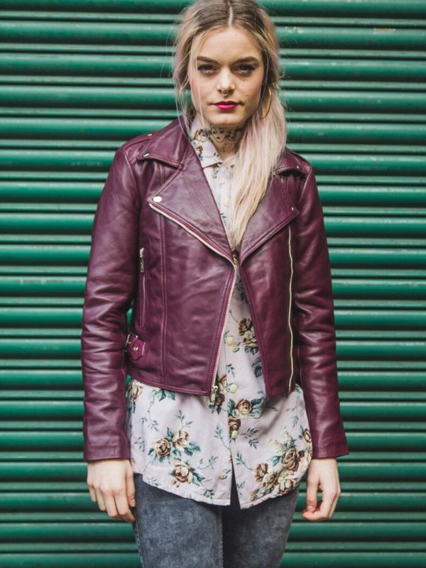 Women Classic Burgundy Lambskin Biker Jacket